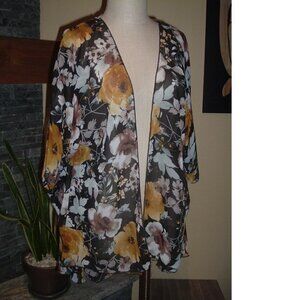 Emory Park Sheer Top Layer Wrap Lagenlook Black/Baby Blue/Gold Floral XL LOVELY!